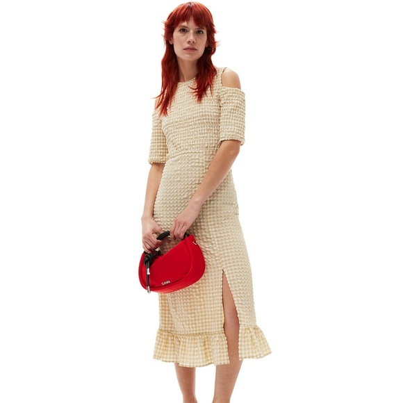 Ganni Beige Khaki Smocked Seersucker Gingham Cold Shoulder Dress, size 34 - Picture 3 of 14